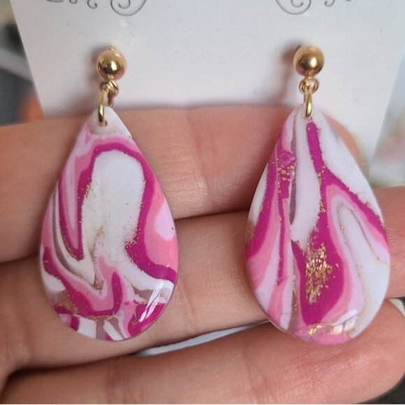 Boho Pink White Agate Gemstone Gold Ball Stud Drop Dangle Teardrop Earrings - Picture 6 of 7